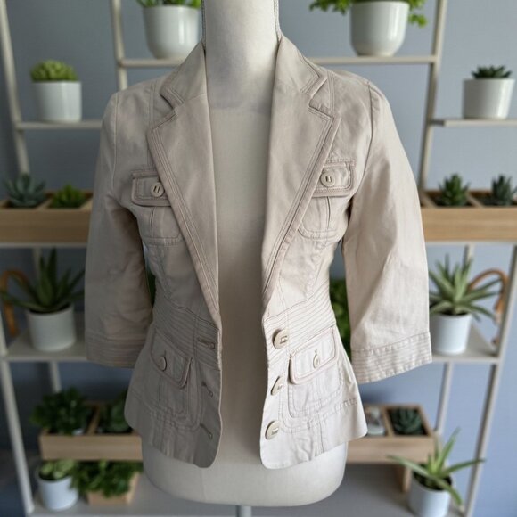 WHITE HOUSE BLACK MARKET WHBM Beige Bow Tie Back Blazer Jacket Size 00 - Picture 1 of 9